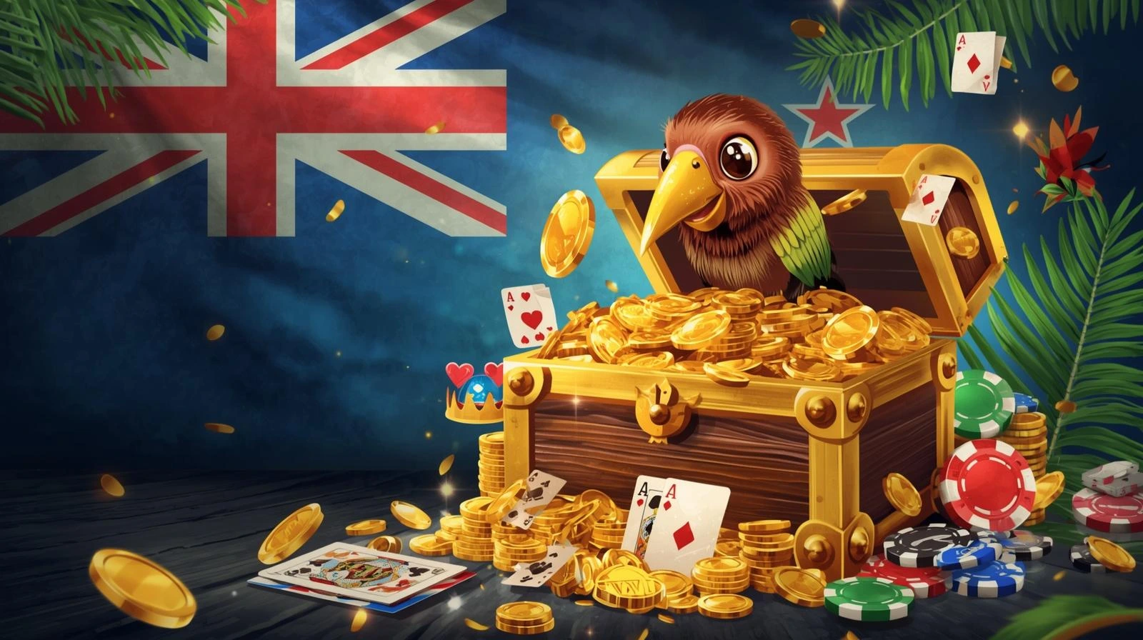 Kiwi bird with treasure chest filled with gold coins and playing cards, New Zealand themed online casino welcome banner